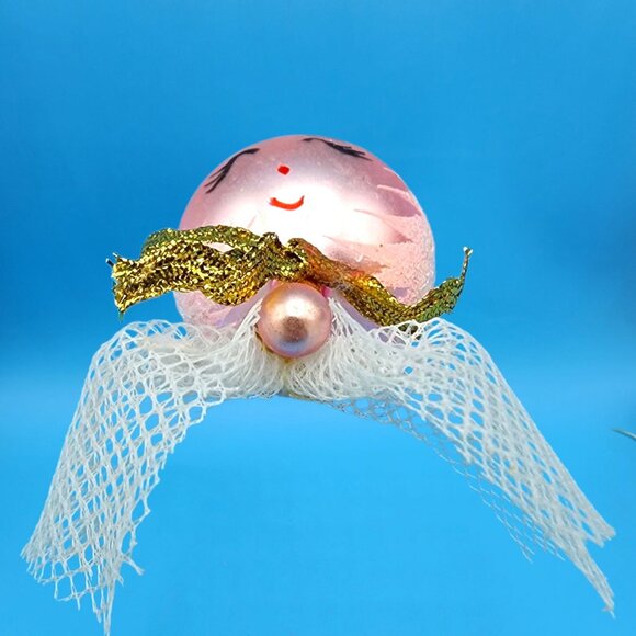 Vintage Pink Glass Angel Ornament • 1960s Japan • White Frosted Hair • Sleepy Ey - Picture 7 of 9